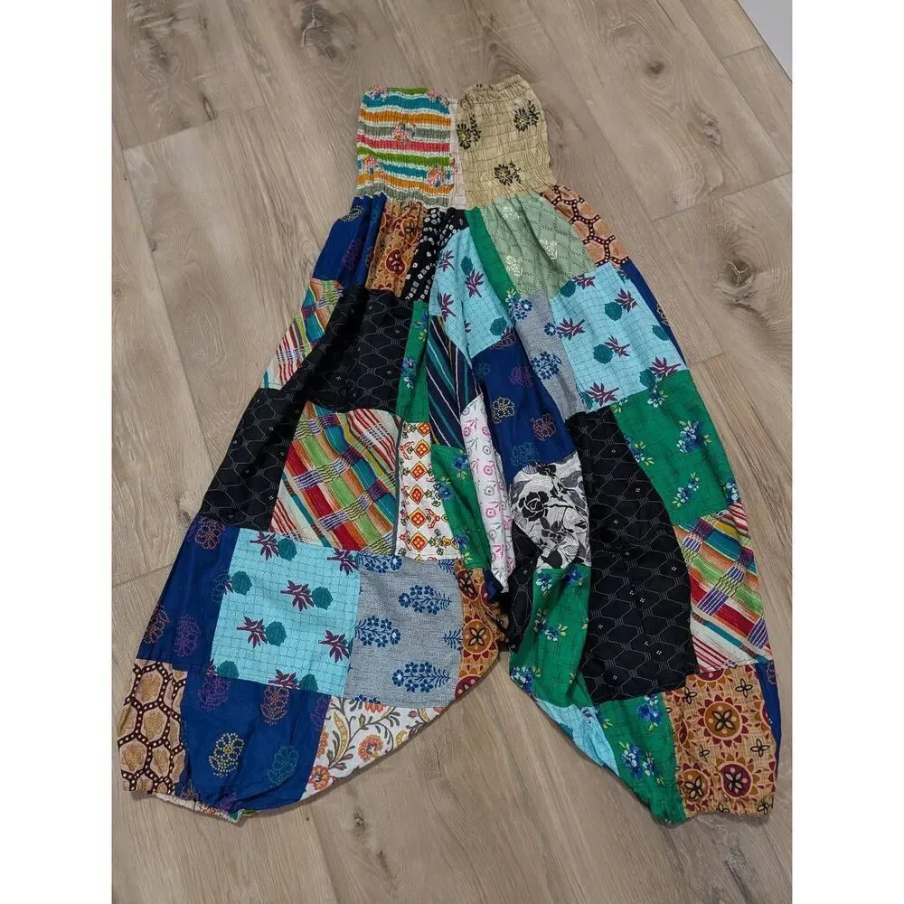 Tribe Azure Patchwork Harem Jumpsuit Pants L/XL Fair Trade Boho Festival Romper